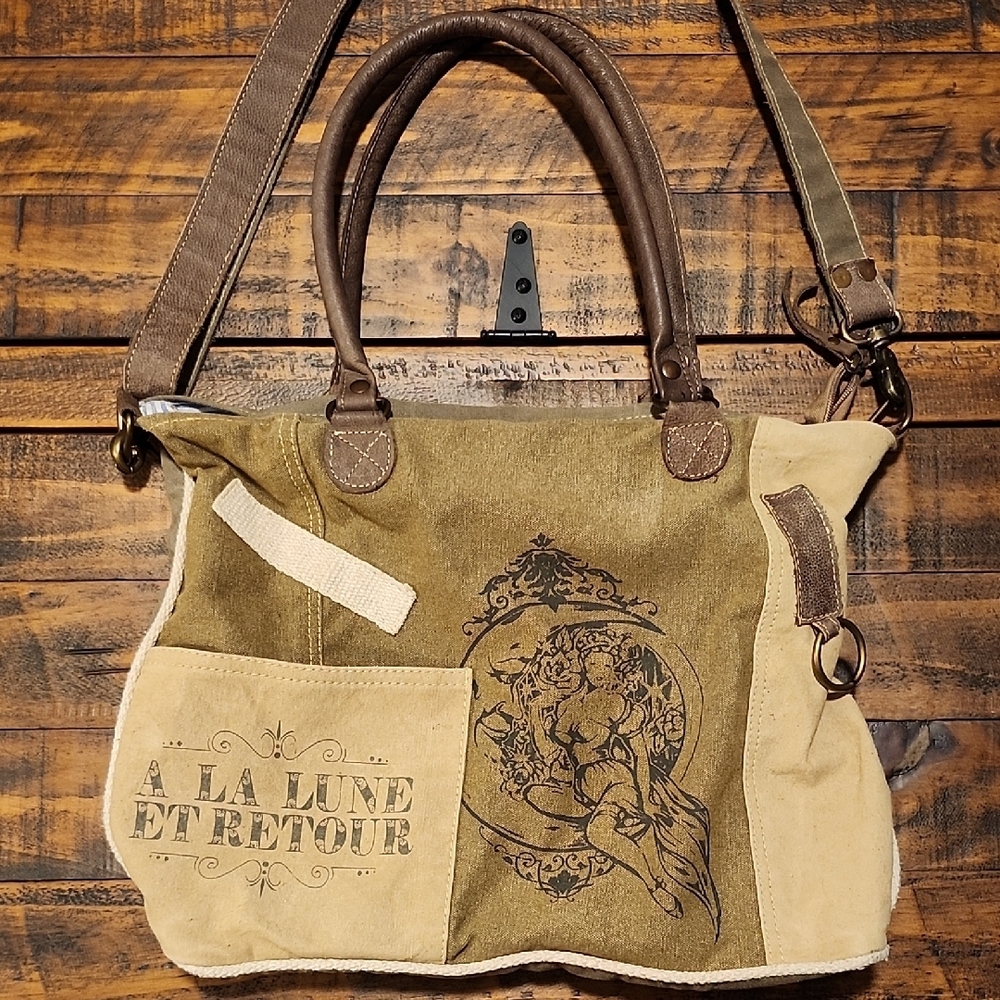 NWOT Canvas Tote Bag with Brown Leather Straps